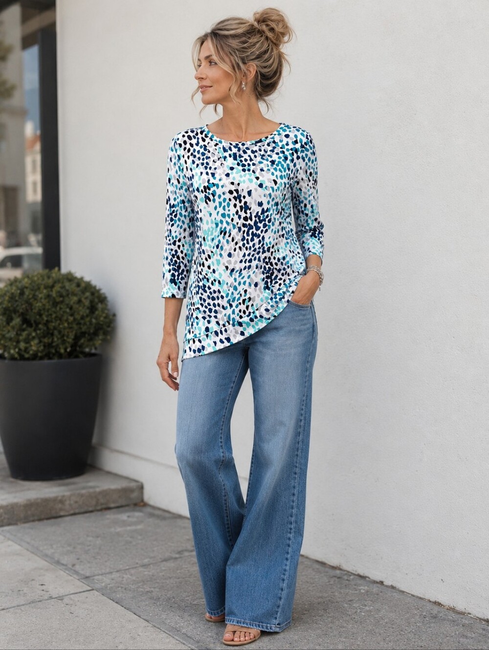Chico's Weekends Abstract Dot Print Tunic Top Sz 2 Blue Aqua 3/4 Sleeve Stretch